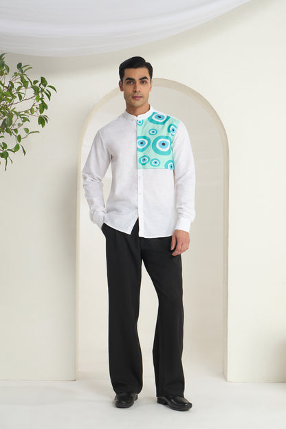 White Linen Mandarin Collar Shirt for Men with Aqua Panel Evil Eye Design Front Yoke Print | INDYSLAY