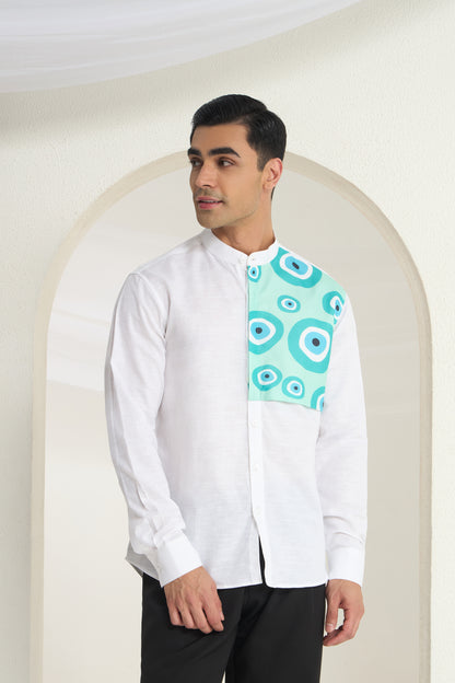 White Linen Mandarin Collar Shirt for Men with Aqua Panel Evil Eye Design Front Yoke Print | INDYSLAY
