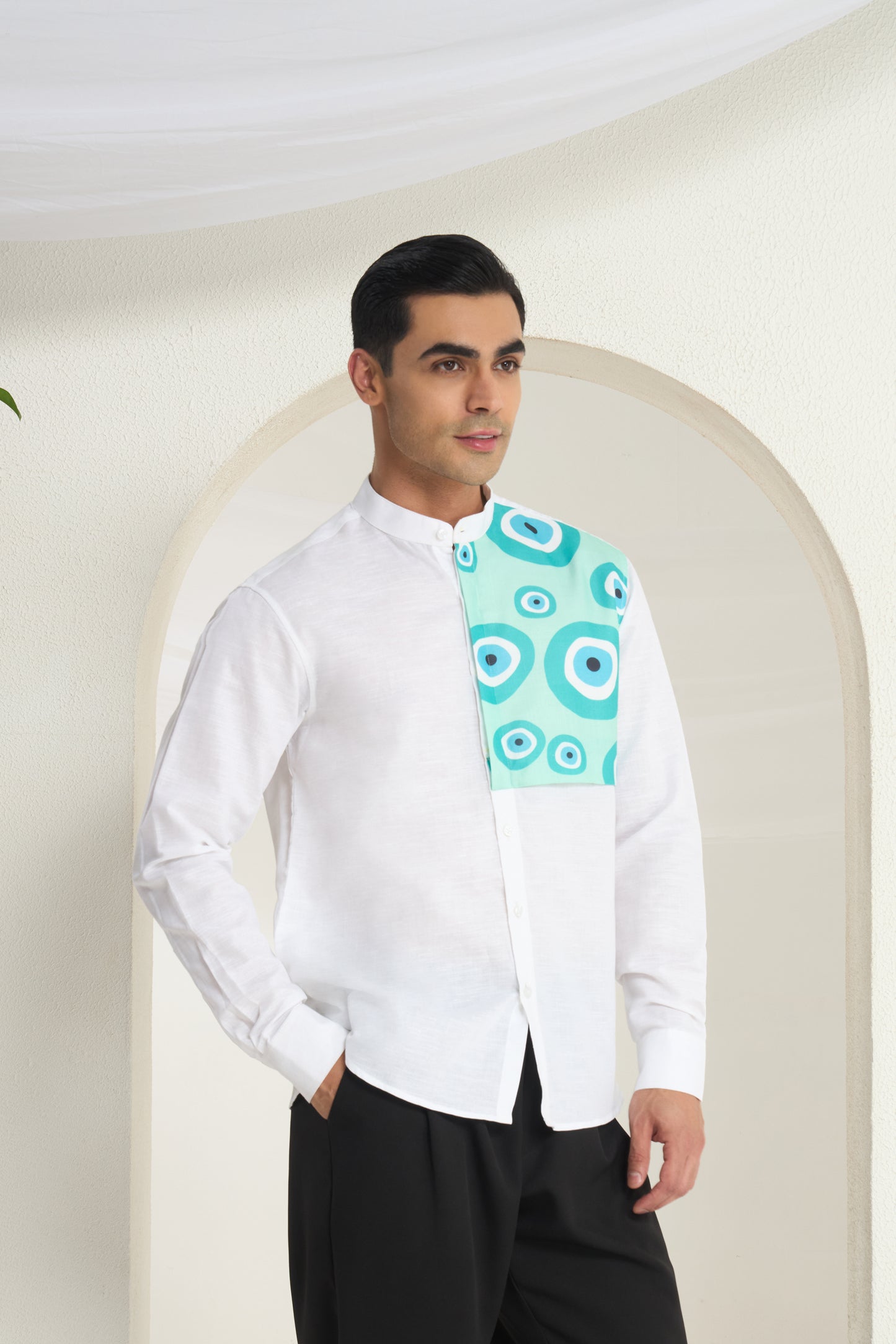 White Linen Mandarin Collar Shirt for Men with Aqua Panel Evil Eye Design Front Yoke Print | INDYSLAY