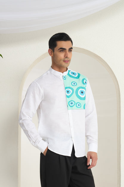 White Linen Mandarin Collar Shirt for Men with Aqua Panel Evil Eye Design Front Yoke Print | INDYSLAY