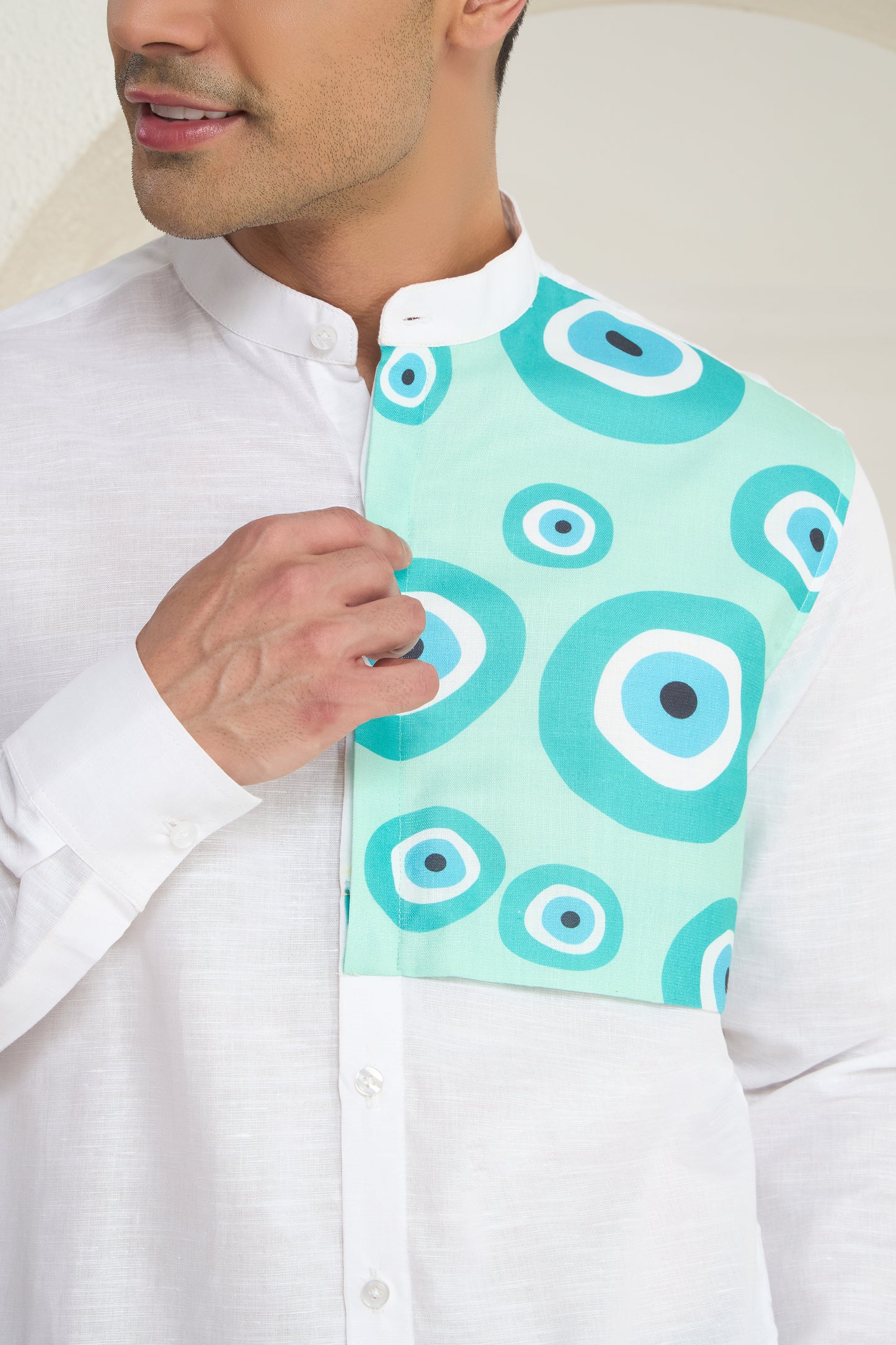 White Linen Mandarin Collar Shirt for Men with Aqua Panel Evil Eye Design Front Yoke Print | INDYSLAY
