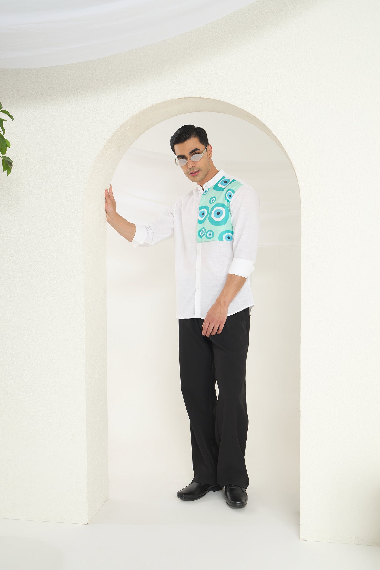 White Linen Mandarin Collar Shirt for Men with Aqua Panel Evil Eye Design Front Yoke Print | INDYSLAY