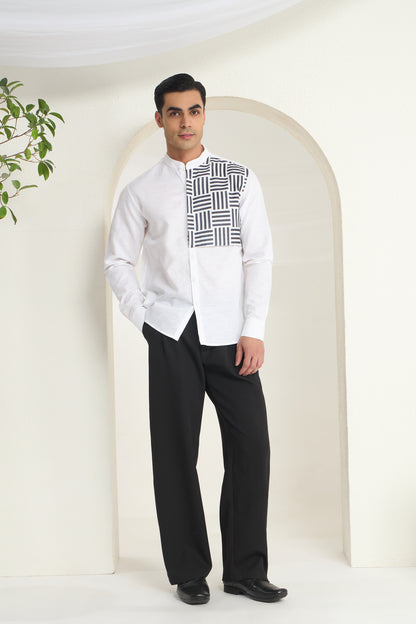 White Mandarin Collar Linen Shirt with Monochrome Geometric Print Side Yoke | INDYSLAY