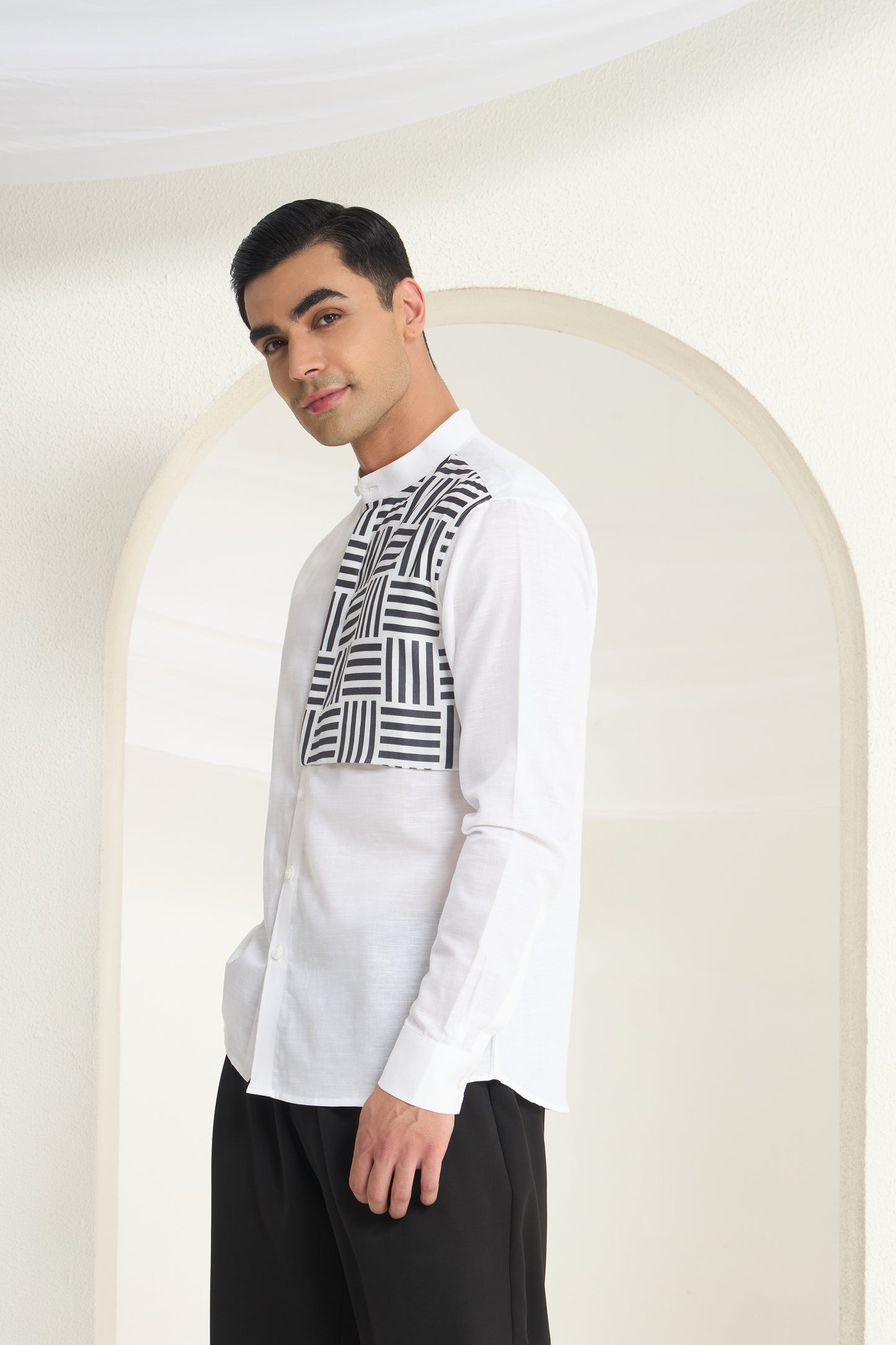 White Mandarin Collar Linen Shirt with Monochrome Geometric Print Side Yoke | INDYSLAY