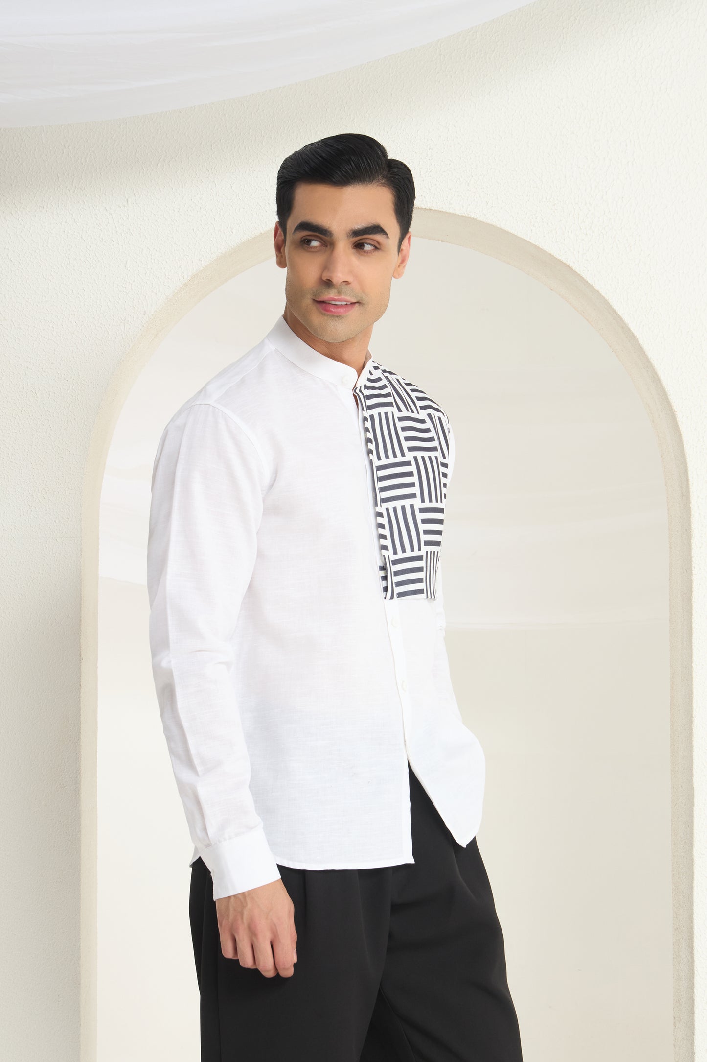 White Mandarin Collar Linen Shirt with Monochrome Geometric Print Side Yoke | INDYSLAY
