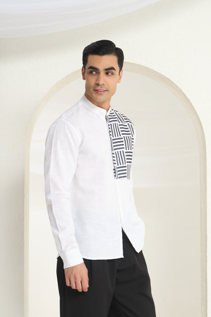 White Mandarin Collar Linen Shirt with Monochrome Geometric Print Side Yoke | INDYSLAY