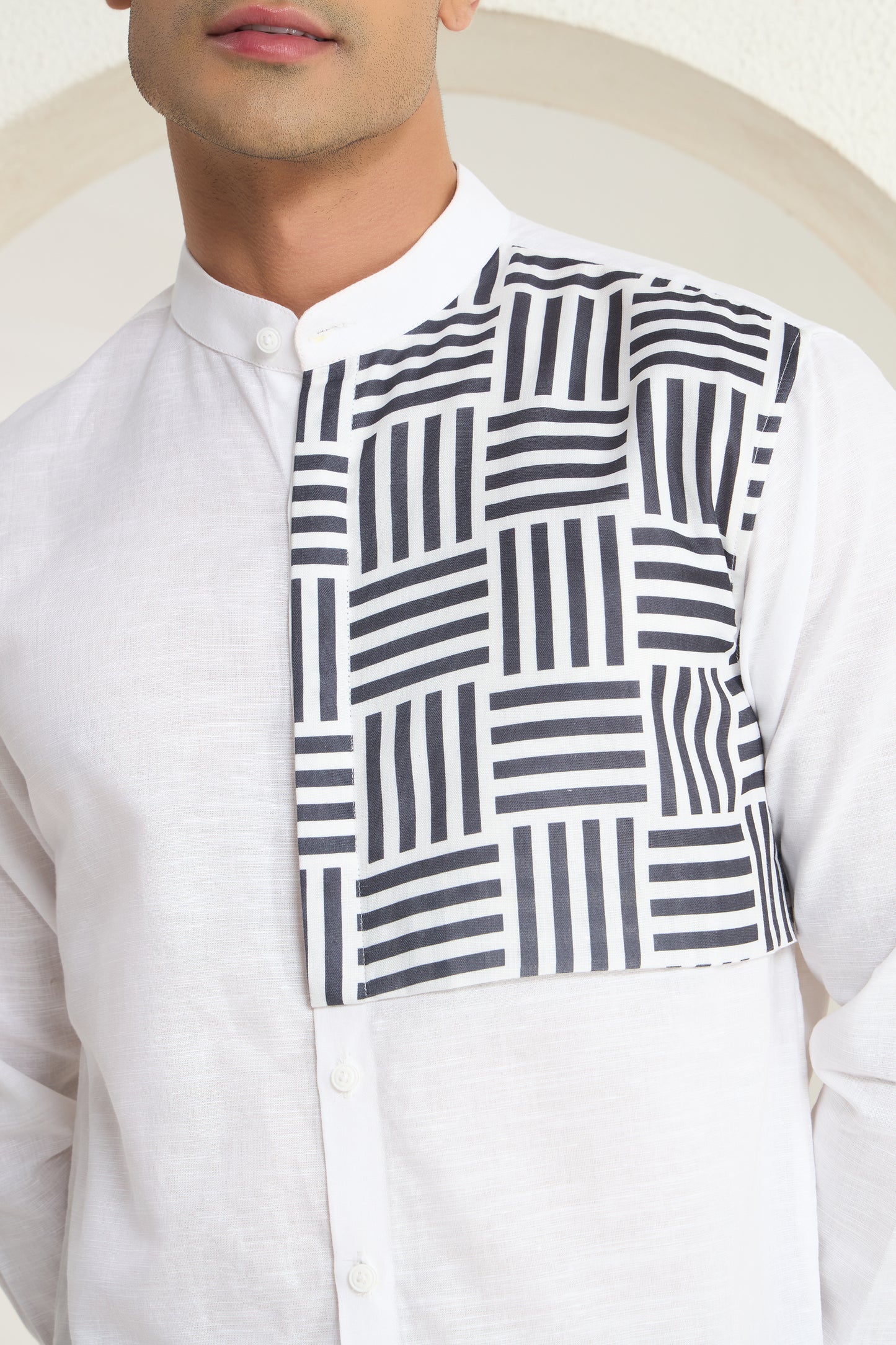 White Mandarin Collar Linen Shirt with Monochrome Geometric Print Side Yoke | INDYSLAY