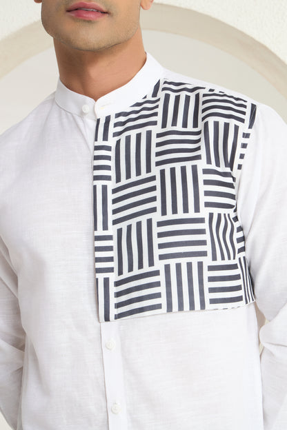 White Mandarin Collar Linen Shirt with Monochrome Geometric Print Side Yoke | INDYSLAY
