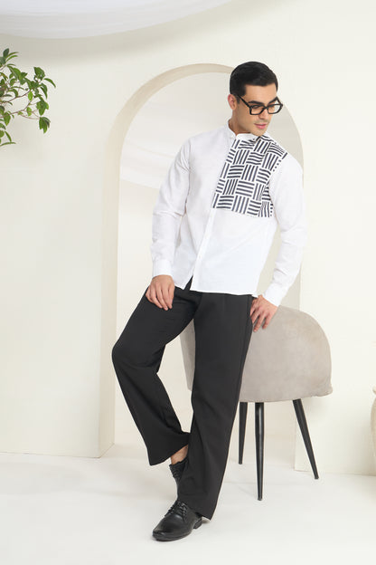 White Mandarin Collar Linen Shirt with Monochrome Geometric Print Side Yoke | INDYSLAY