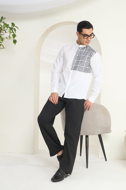 White Mandarin Collar Linen Shirt with Monochrome Geometric Print Side Yoke | INDYSLAY