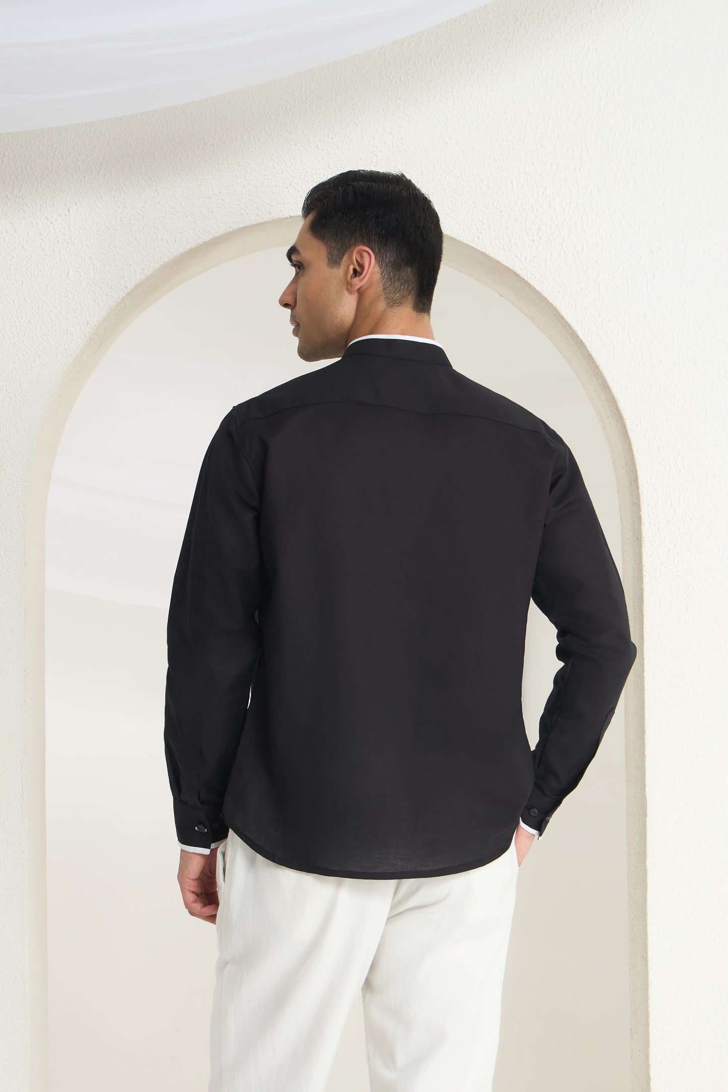 Black Mandarin Collar Linen Shirt for Men with Contrast White Detailing | INDYSLAY