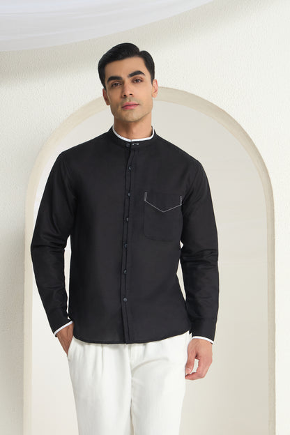 Black Mandarin Collar Linen Shirt for Men with Contrast White Detailing | INDYSLAY