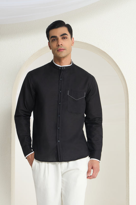 Black Mandarin Collar Linen Shirt for Men with Contrast White Detailing | INDYSLAY