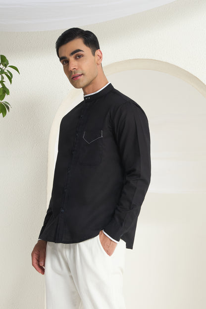 Black Mandarin Collar Linen Shirt for Men with Contrast White Detailing | INDYSLAY