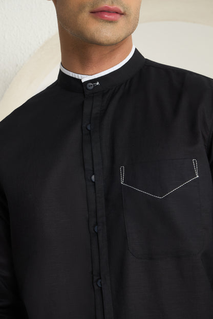 Black Mandarin Collar Linen Shirt for Men with Contrast White Detailing | INDYSLAY