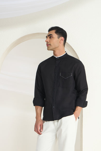 Black Mandarin Collar Linen Shirt for Men with Contrast White Detailing | INDYSLAY