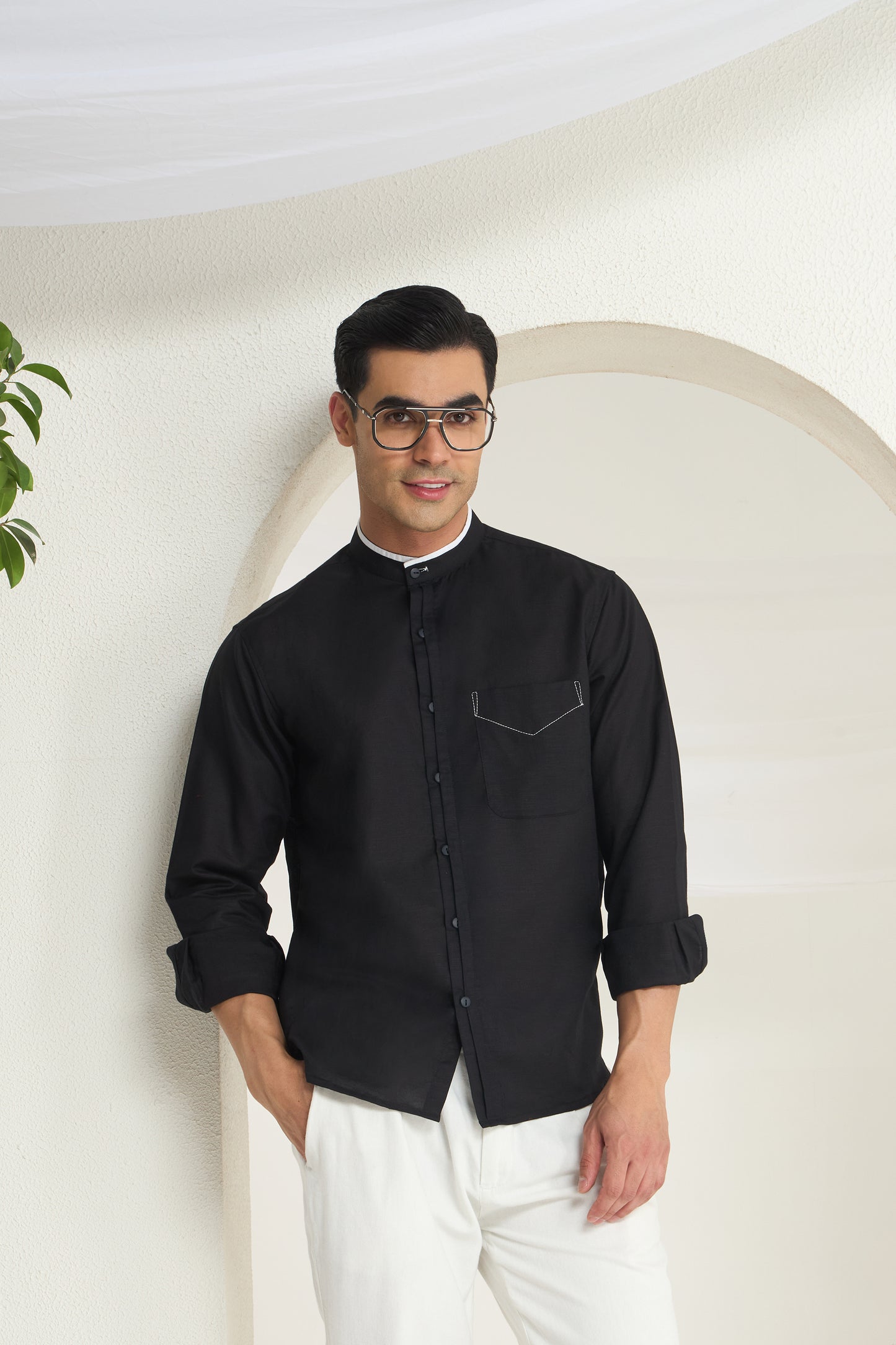 Black Mandarin Collar Linen Shirt for Men with Contrast White Detailing | INDYSLAY