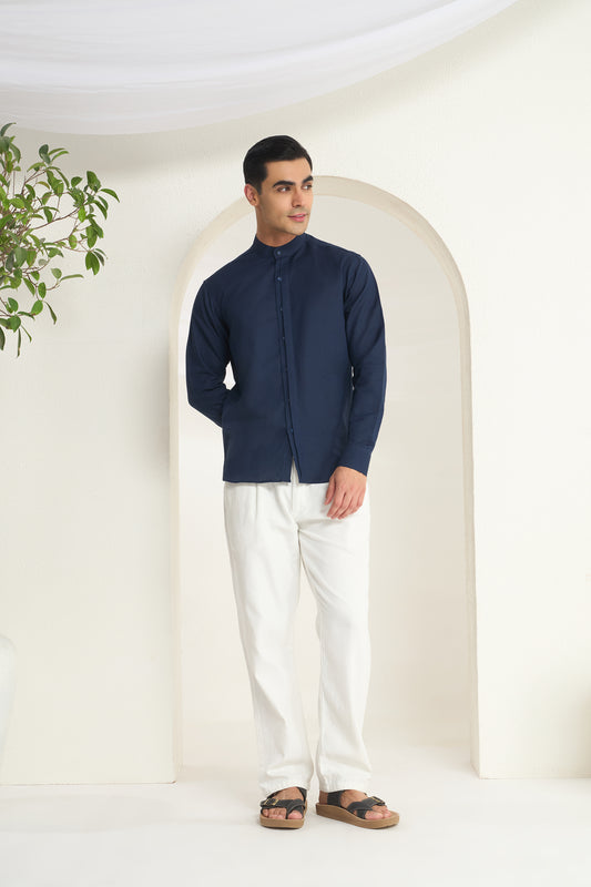 Navy Blue Linen Shirt |  Half Concealed Placket