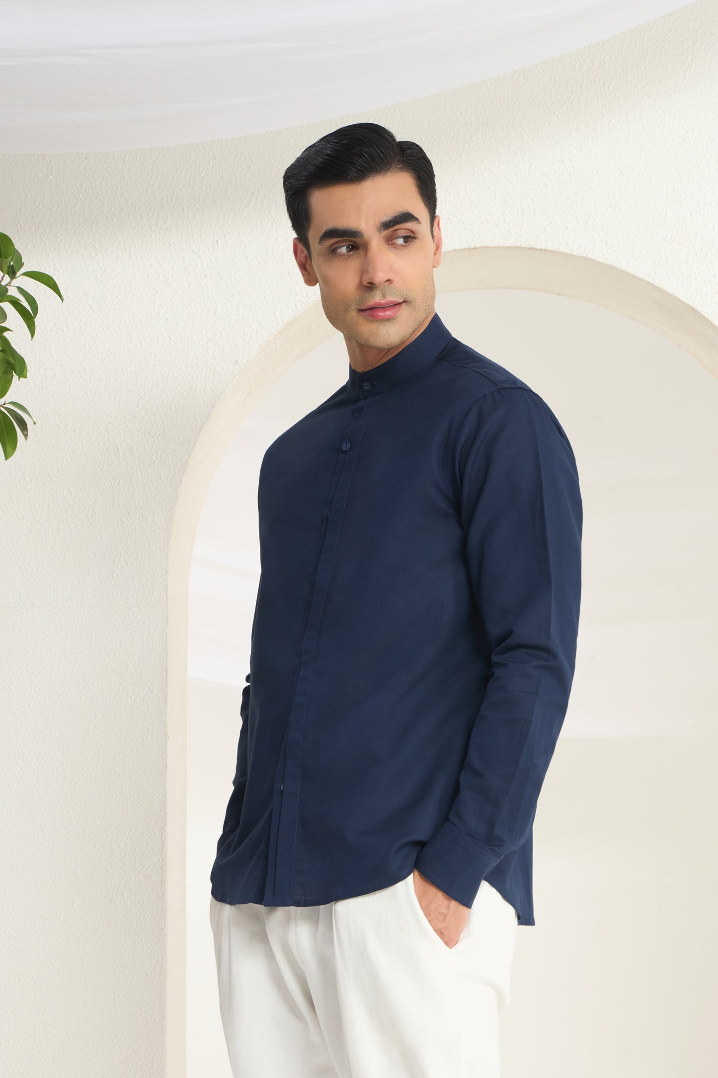 Navy Blue Mandarin Collar Linen Shirt for Men - Half Concealed Placket | INDYSLAY