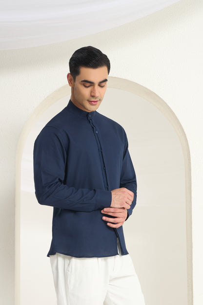 Navy Blue Mandarin Collar Linen Shirt for Men - Half Concealed Placket | INDYSLAY