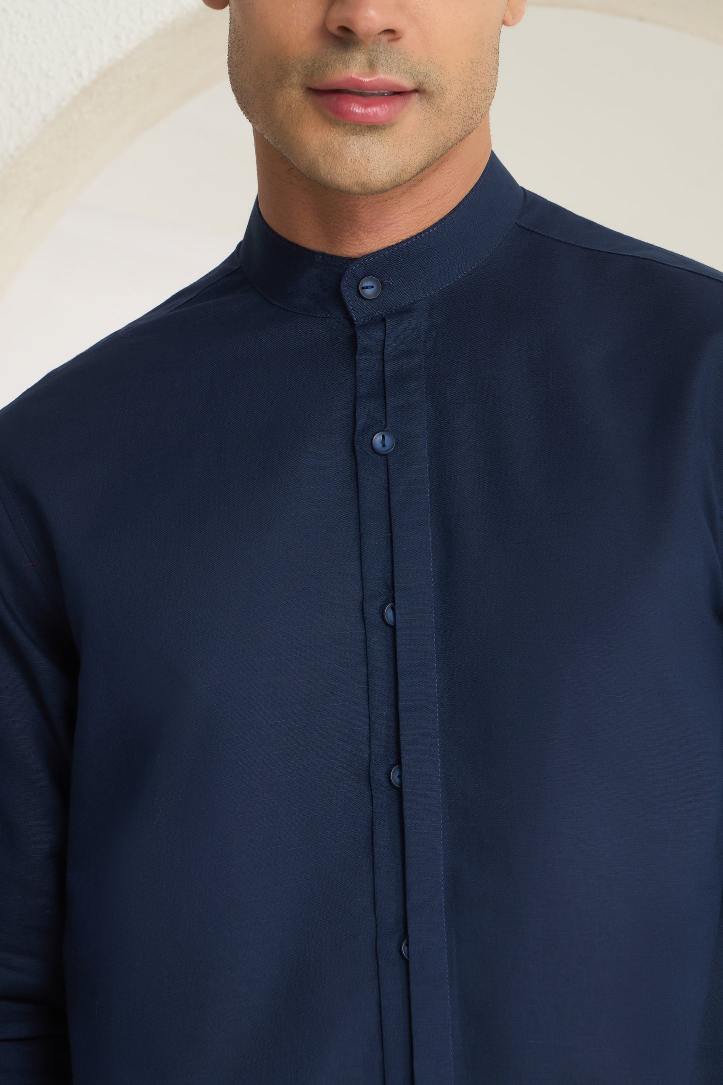 Navy Blue Mandarin Collar Linen Shirt for Men - Half Concealed Placket | INDYSLAY