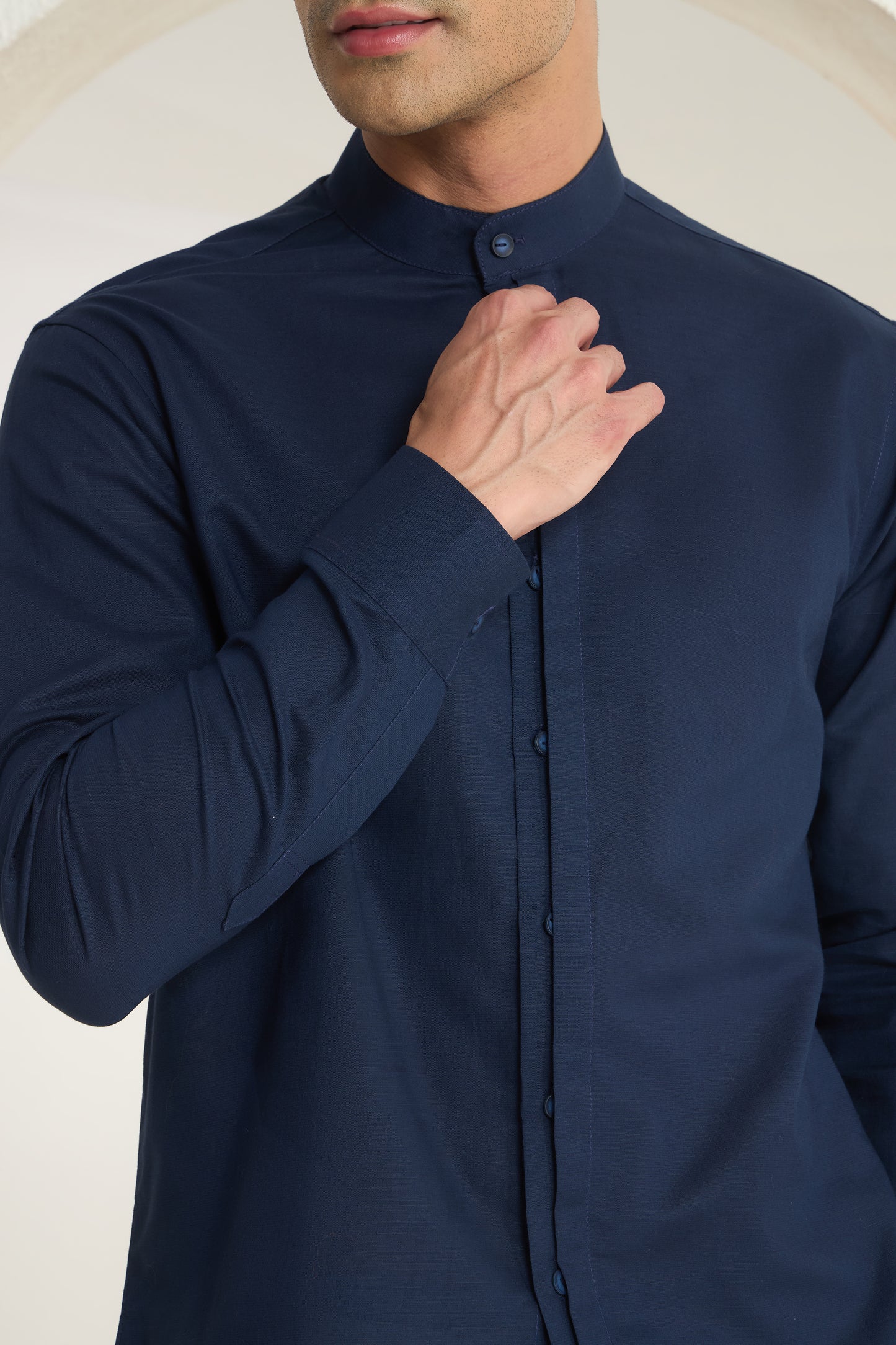 Navy Blue Mandarin Collar Linen Shirt for Men - Half Concealed Placket | INDYSLAY
