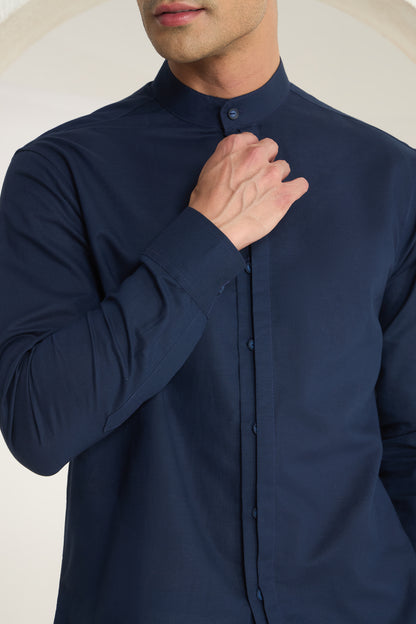 Navy Blue Mandarin Collar Linen Shirt for Men - Half Concealed Placket | INDYSLAY
