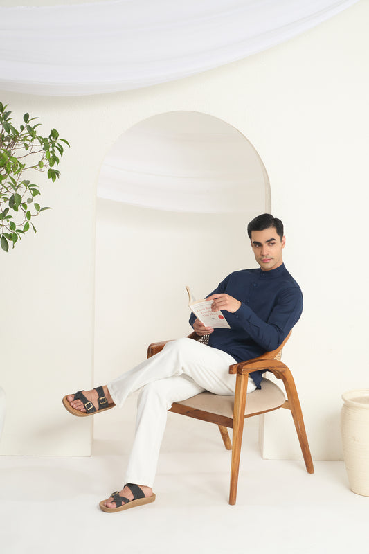 Navy Blue Mandarin Collar Linen Shirt for Men - Half Concealed Placket | INDYSLAY