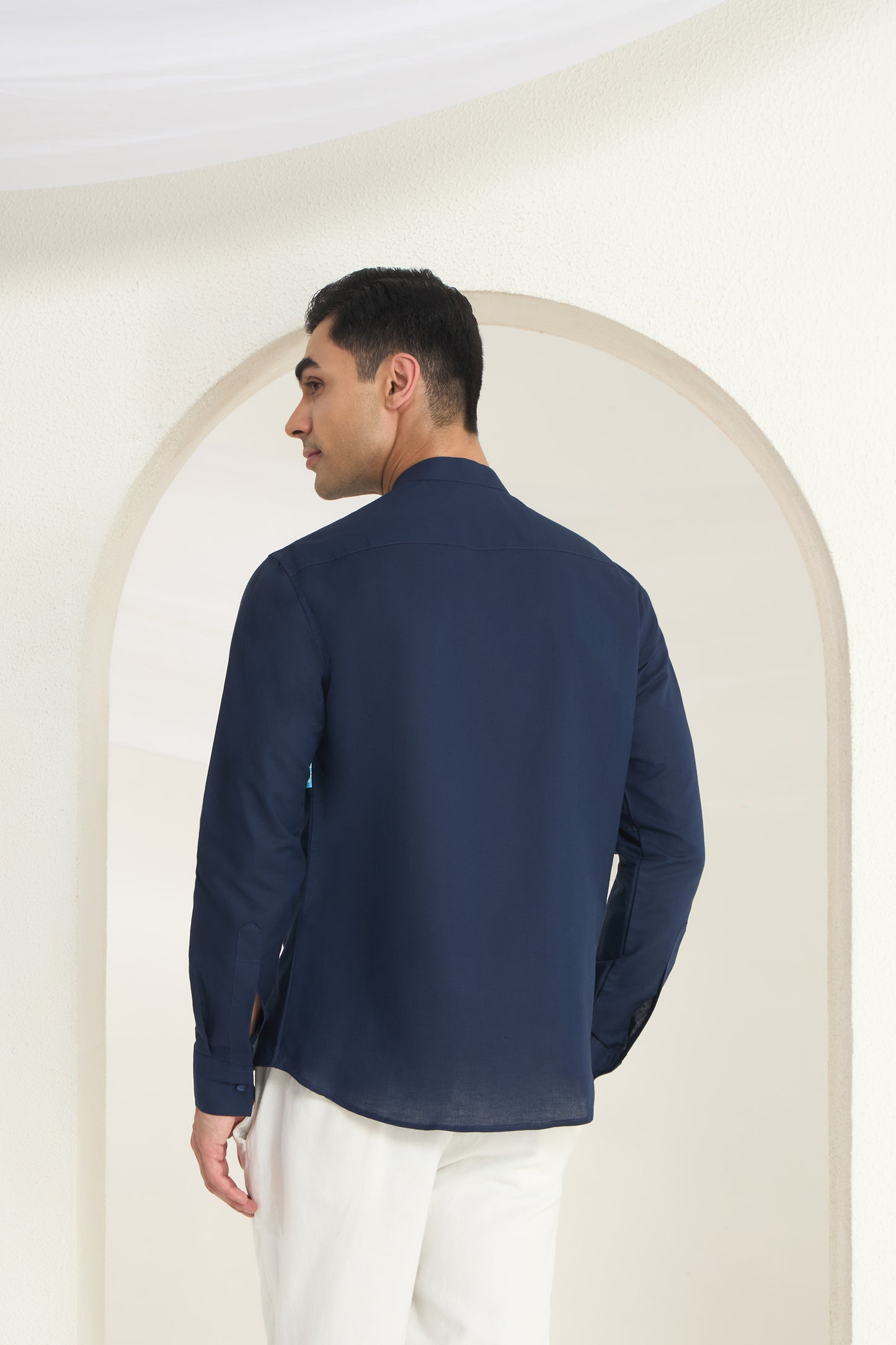 Midnight Blue Mandarin Collar Linen Shirt- Evil Eye Side Yoke Print | INDYSLAY