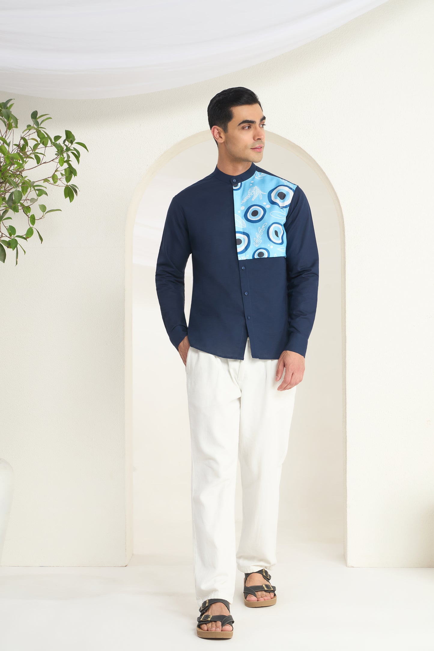 Midnight Blue Mandarin Collar Linen Shirt- Evil Eye Side Yoke Print | INDYSLAY