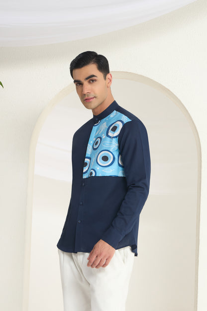 Midnight Blue Mandarin Collar Linen Shirt- Evil Eye Side Yoke Print | INDYSLAY