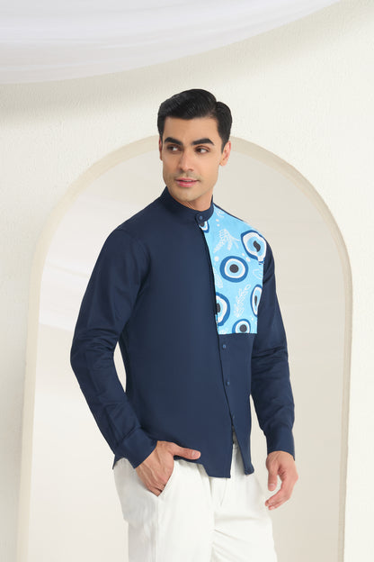 Midnight Blue Mandarin Collar Linen Shirt- Evil Eye Side Yoke Print | INDYSLAY