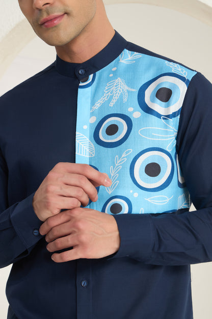 Midnight Blue Mandarin Collar Linen Shirt- Evil Eye Side Yoke Print | INDYSLAY