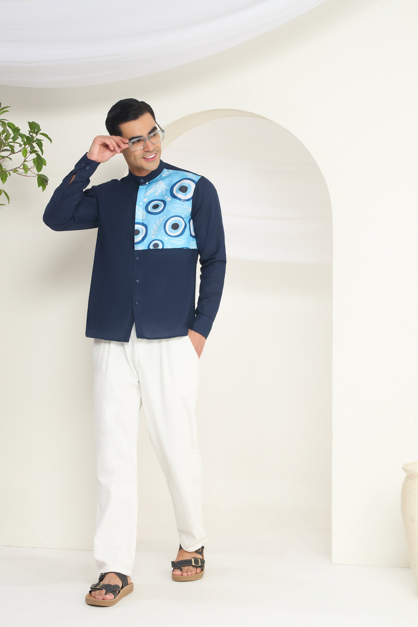 Midnight Blue Mandarin Collar Linen Shirt- Evil Eye Side Yoke Print | INDYSLAY