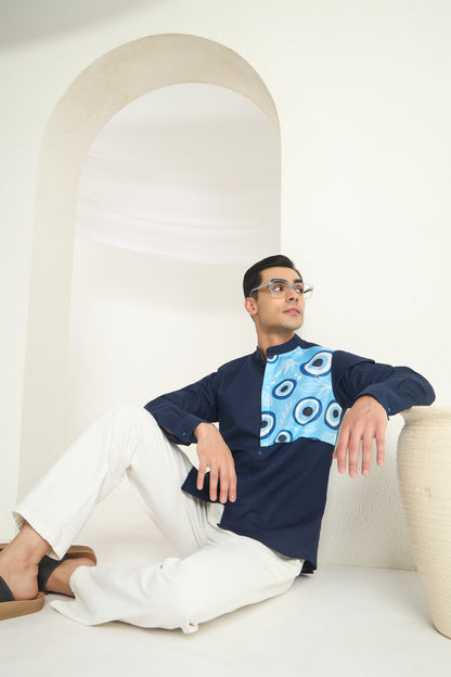 Midnight Blue Mandarin Collar Linen Shirt- Evil Eye Side Yoke Print | INDYSLAY