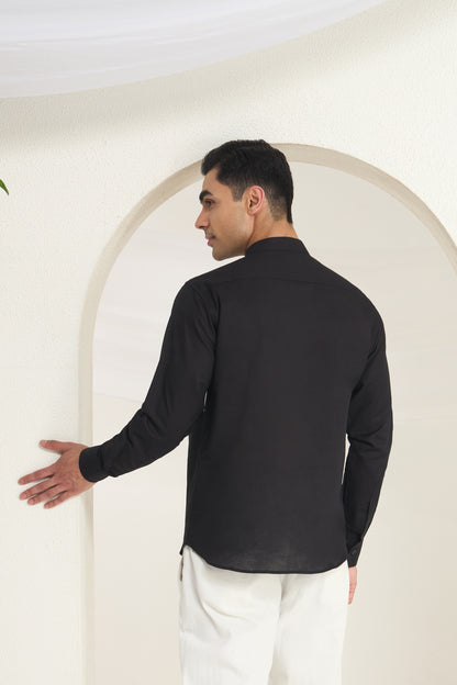 Black Mandarin Collar Linen Shirt with Monochrome Geometric Print Side Yoke | INDYSLAY