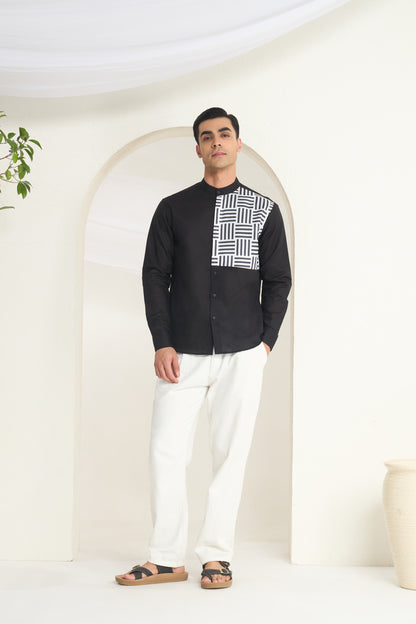 Black Mandarin Collar Linen Shirt with Monochrome Geometric Print Side Yoke | INDYSLAY