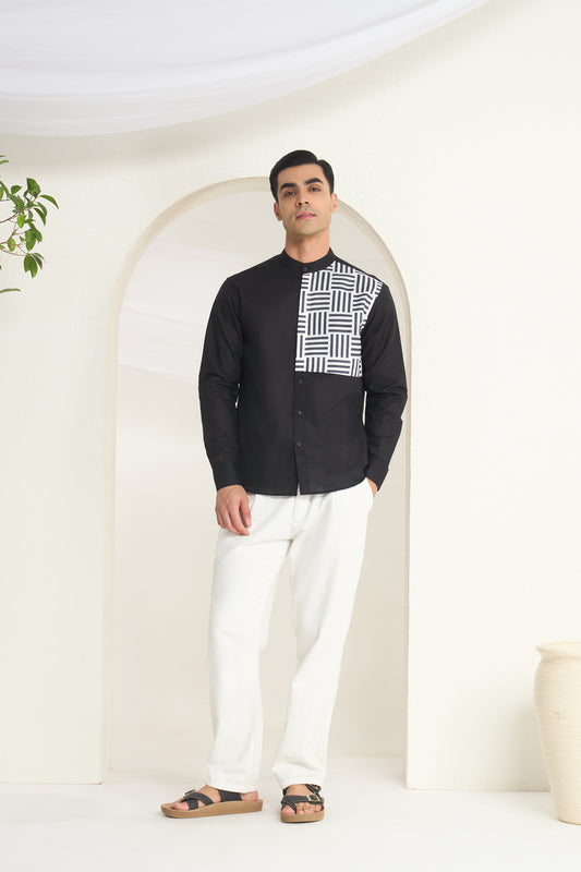 Black Mandarin Collar Linen Shirt with Monochrome Geometric Print Side Yoke | INDYSLAY