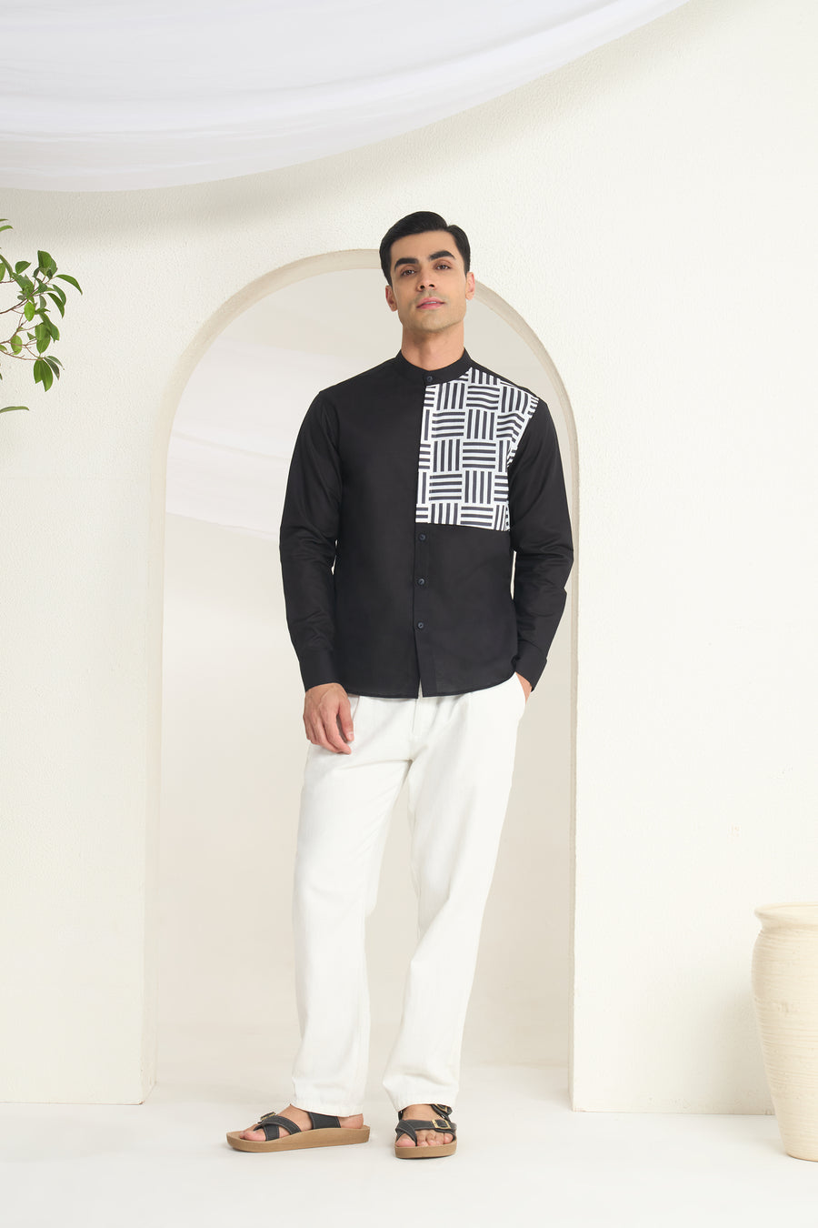 Black Mandarin Collar Linen Shirt with Monochrome Geometric Print Side Yoke | INDYSLAY