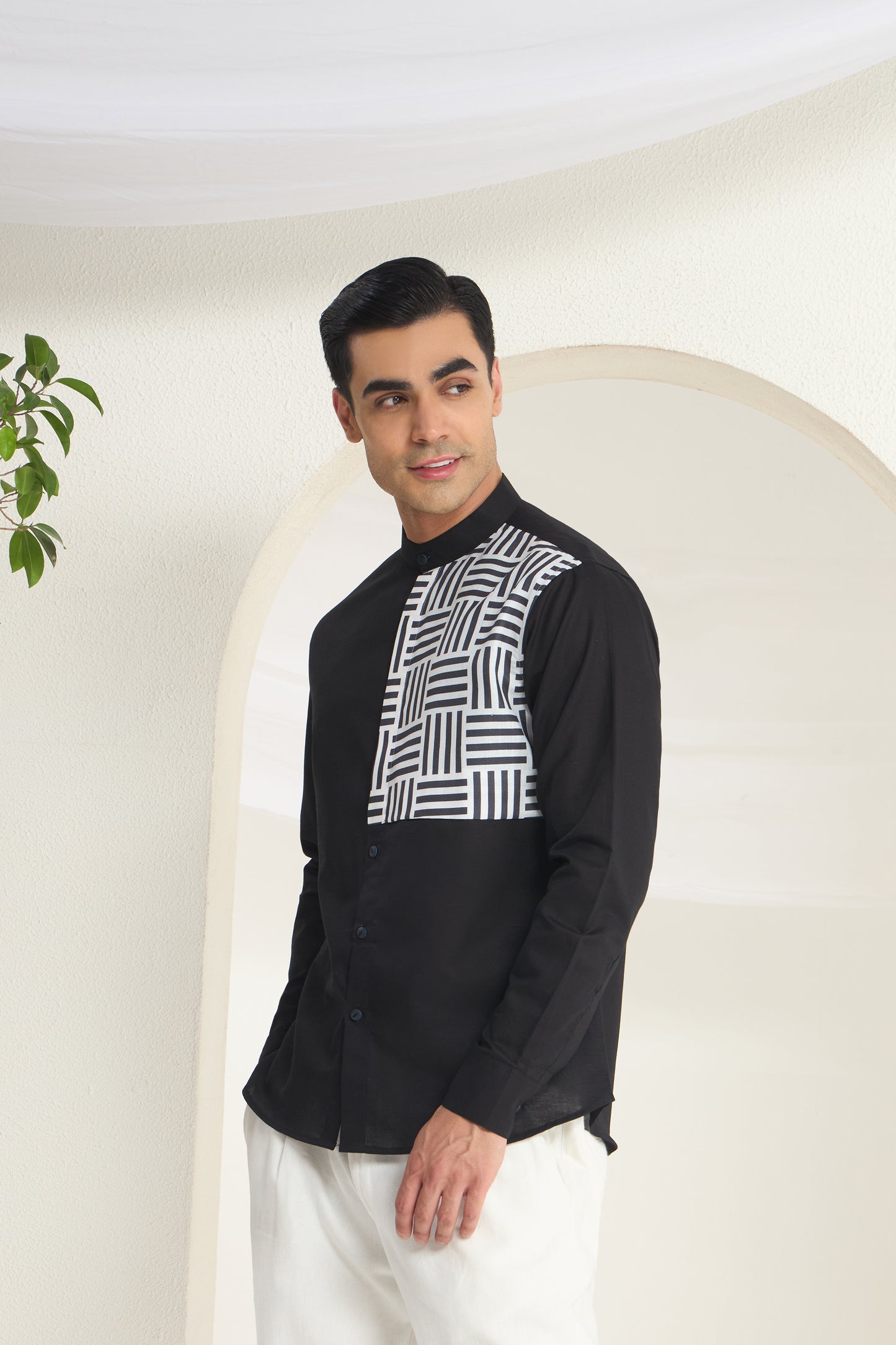 Black Mandarin Collar Linen Shirt with Monochrome Geometric Print Side Yoke | INDYSLAY