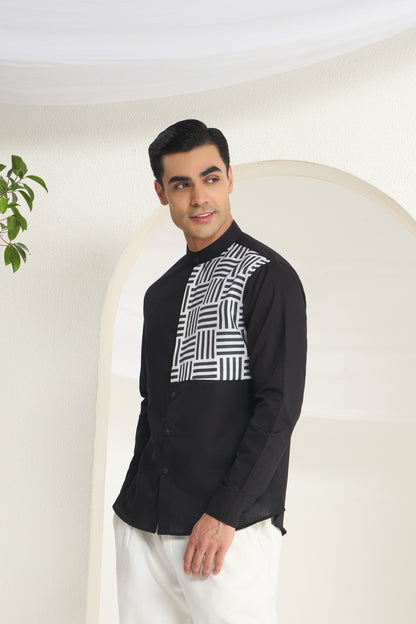 Black Mandarin Collar Linen Shirt with Monochrome Geometric Print Side Yoke | INDYSLAY