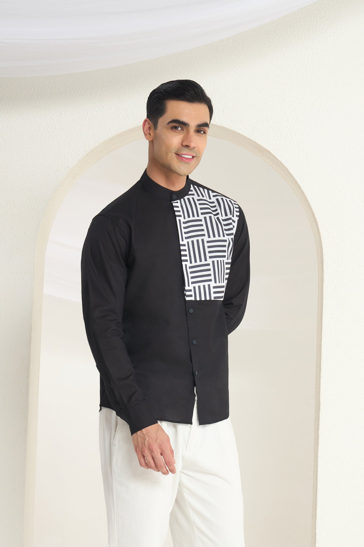 Black Mandarin Collar Linen Shirt with Monochrome Geometric Print Side Yoke | INDYSLAY