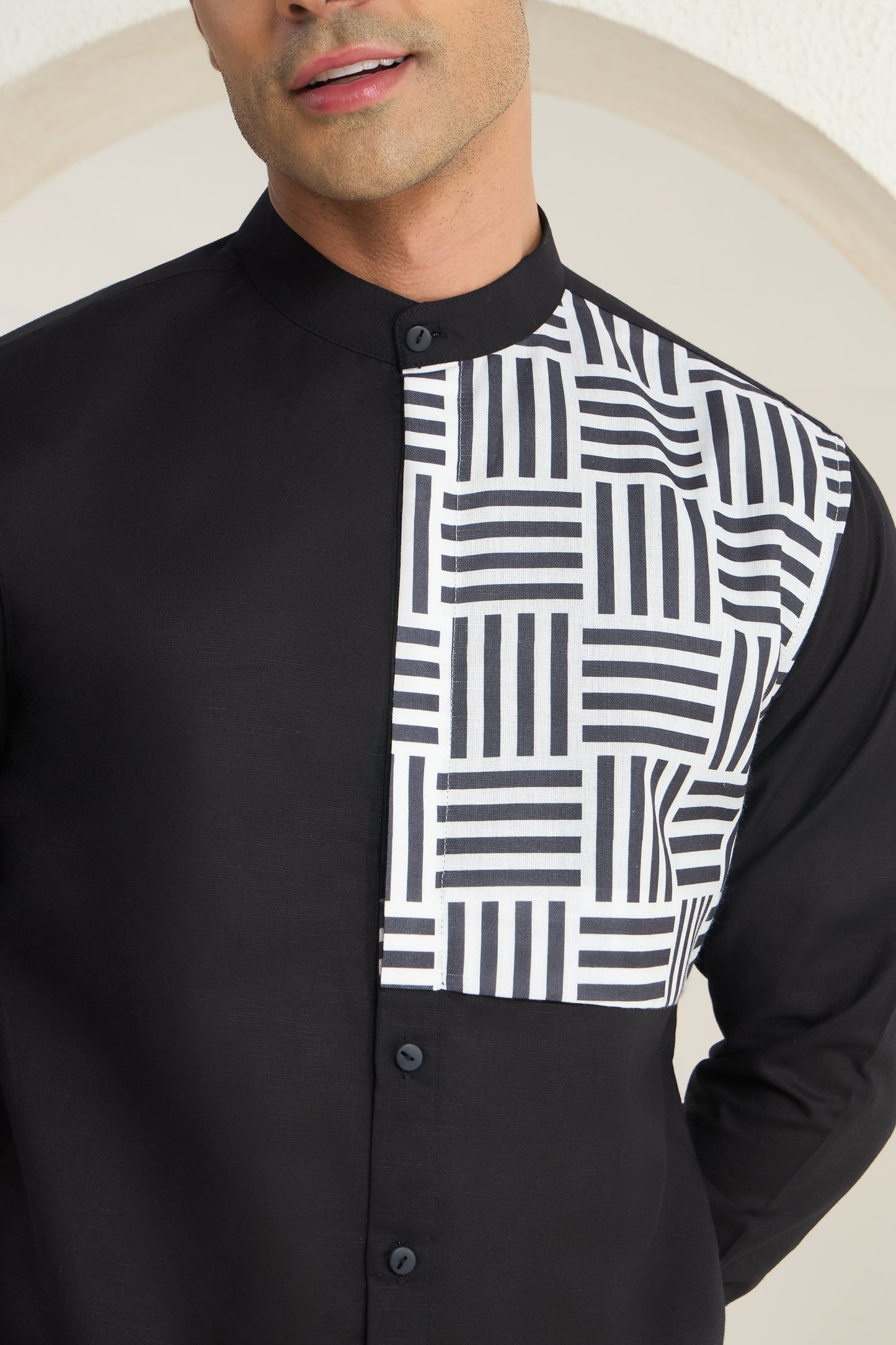 Black Mandarin Collar Linen Shirt with Monochrome Geometric Print Side Yoke | INDYSLAY