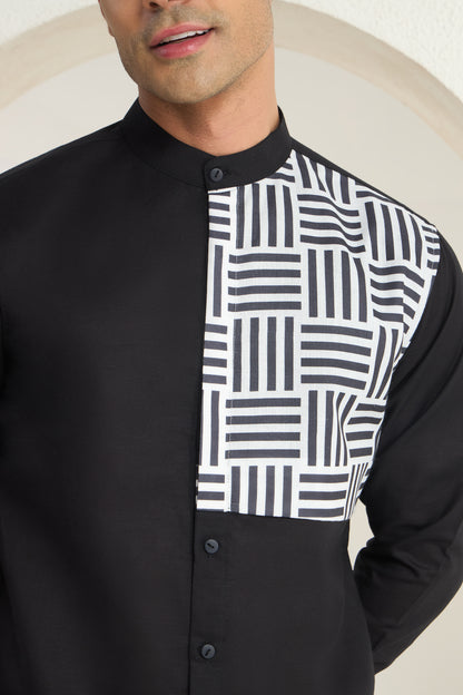 Black Mandarin Collar Linen Shirt with Monochrome Geometric Print Side Yoke | INDYSLAY