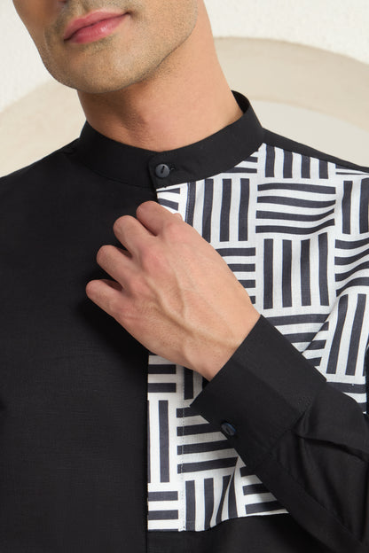 Black Mandarin Collar Linen Shirt with Monochrome Geometric Print Side Yoke | INDYSLAY