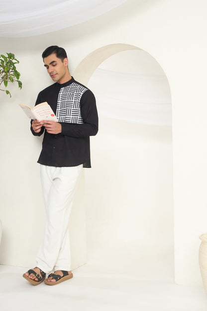 Black Mandarin Collar Linen Shirt with Monochrome Geometric Print Side Yoke | INDYSLAY