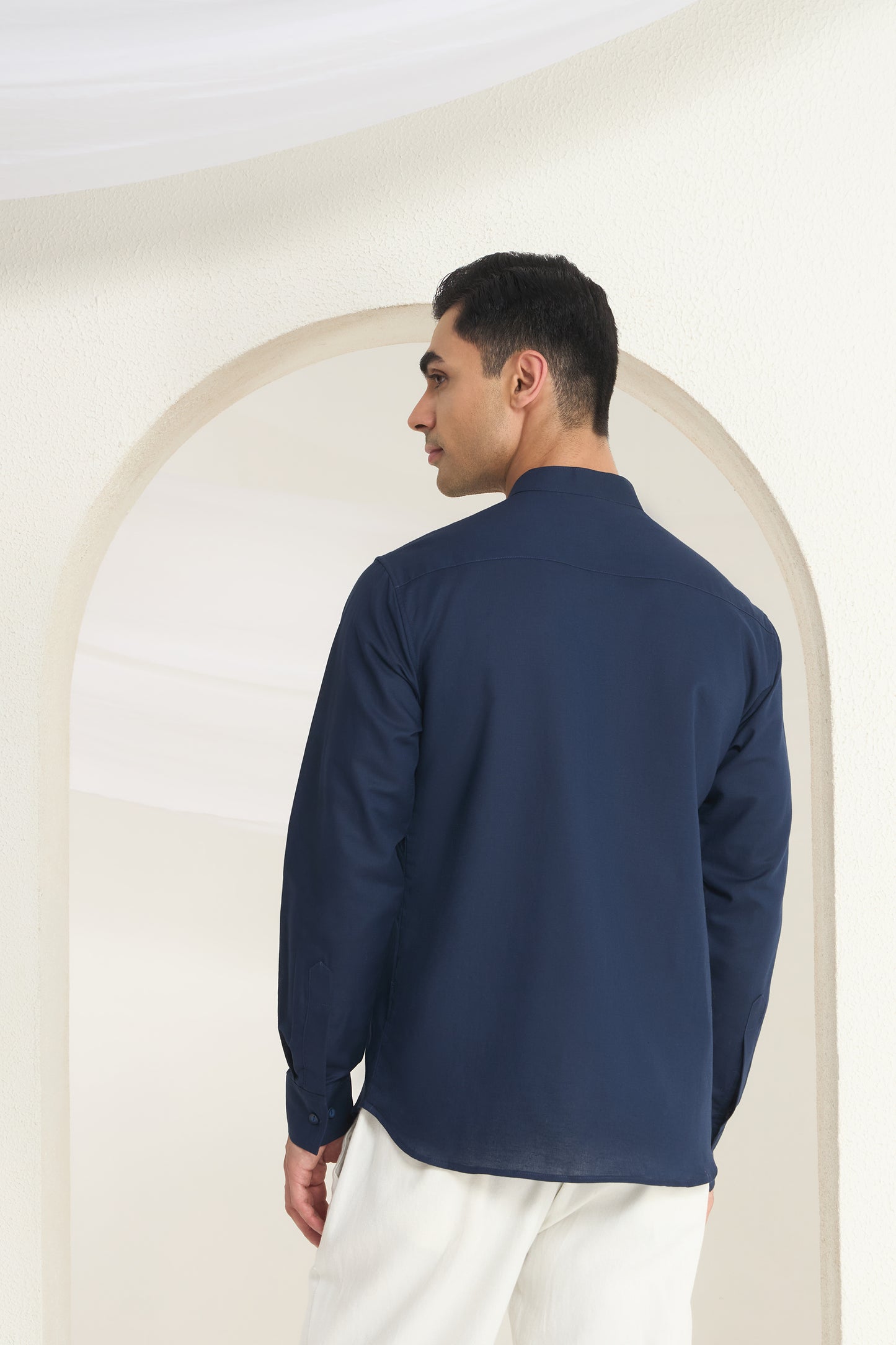 Midnight Blue Mandarin Collar Linen Shirt with Heritage Elephant Side Yoke Print | INDYSLAY