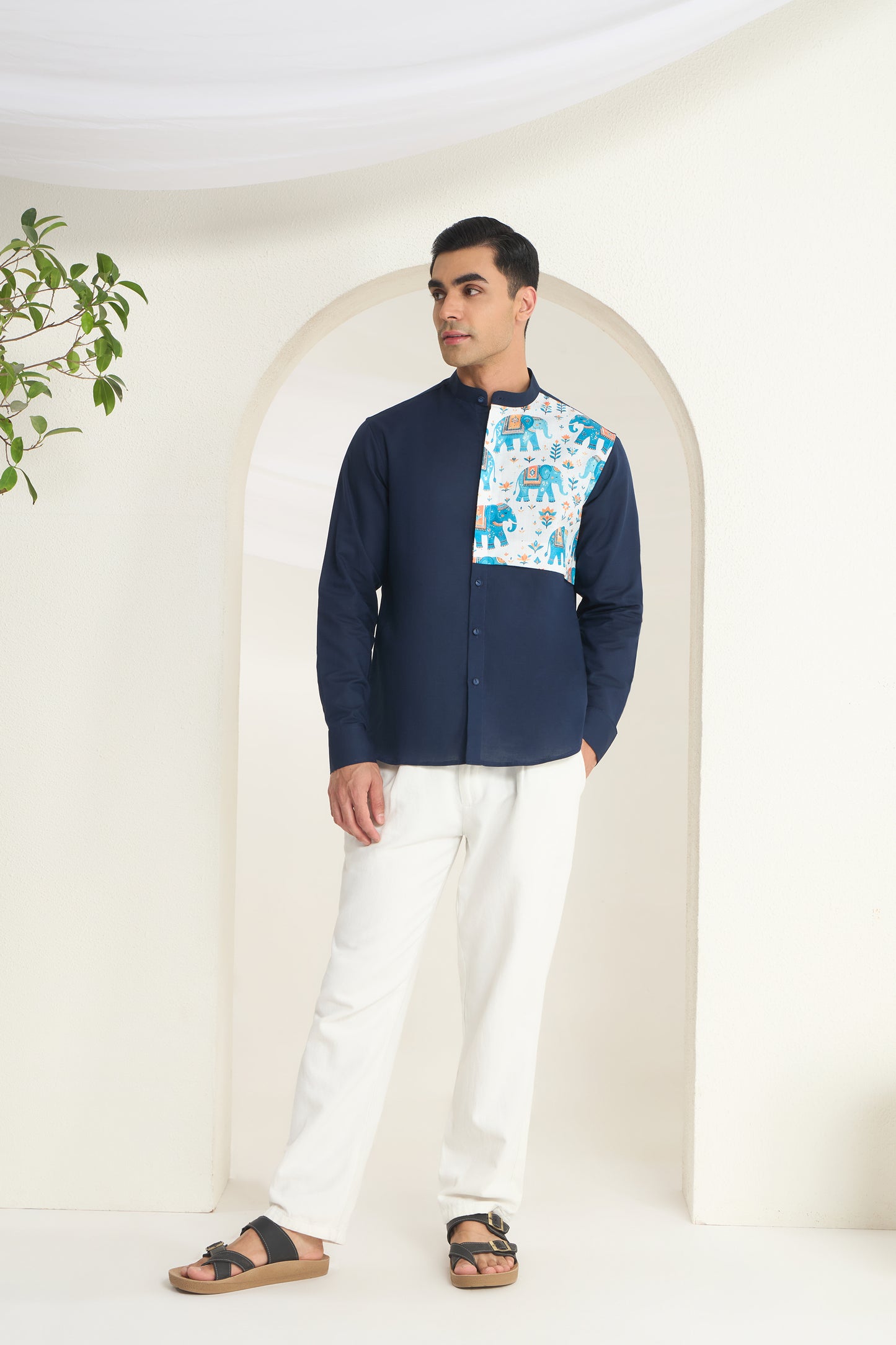 Midnight Blue Mandarin Collar Linen Shirt with Heritage Elephant Side Yoke Print | INDYSLAY