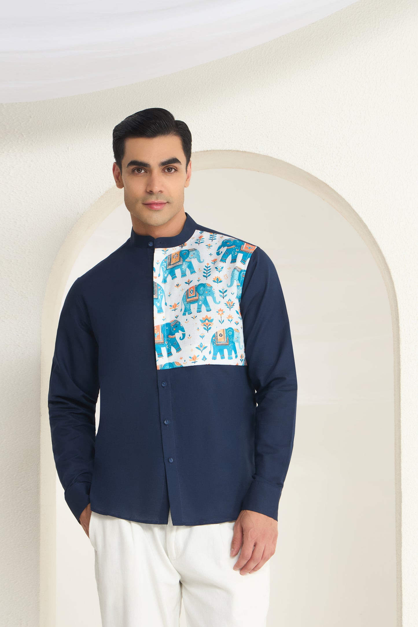 Midnight Blue Mandarin Collar Linen Shirt with Heritage Elephant Side Yoke Print | INDYSLAY