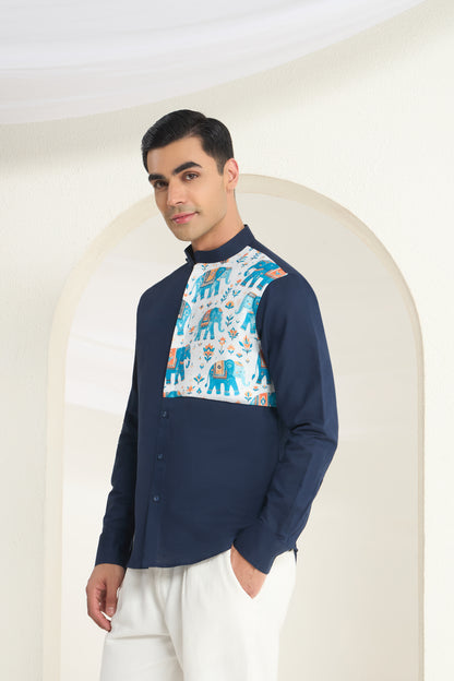Midnight Blue Mandarin Collar Linen Shirt with Heritage Elephant Side Yoke Print | INDYSLAY